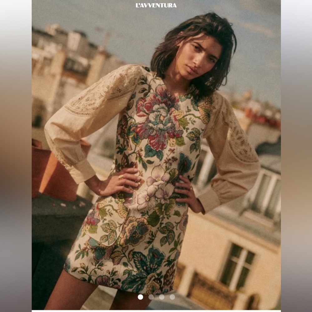 Sézane Samia Dress: Jacquard Fantasy. Floral Cream Mini Dress